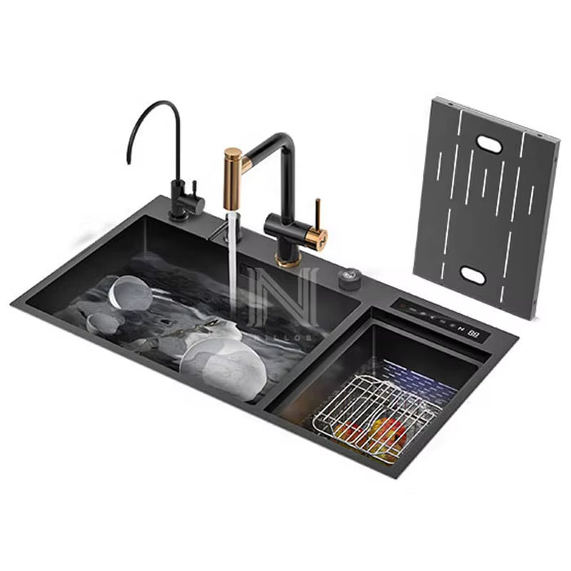 TD8448 Black Nano 304 Stainless Steel Smart Sink - 34.6" 3-In-1 Kitchen Sink with Cover & Dual Catalyst