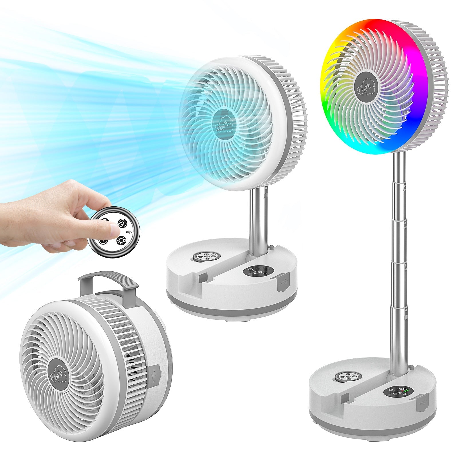 Neofeel Portable Oscillating Standing Fan, 40000mAh Rechargeable Battery Operated Fan with Remote/Timer, RGB Lighting Fan, Pedestal Floor Fan for Bedroom Party Camping (White, 40000mAh)-0