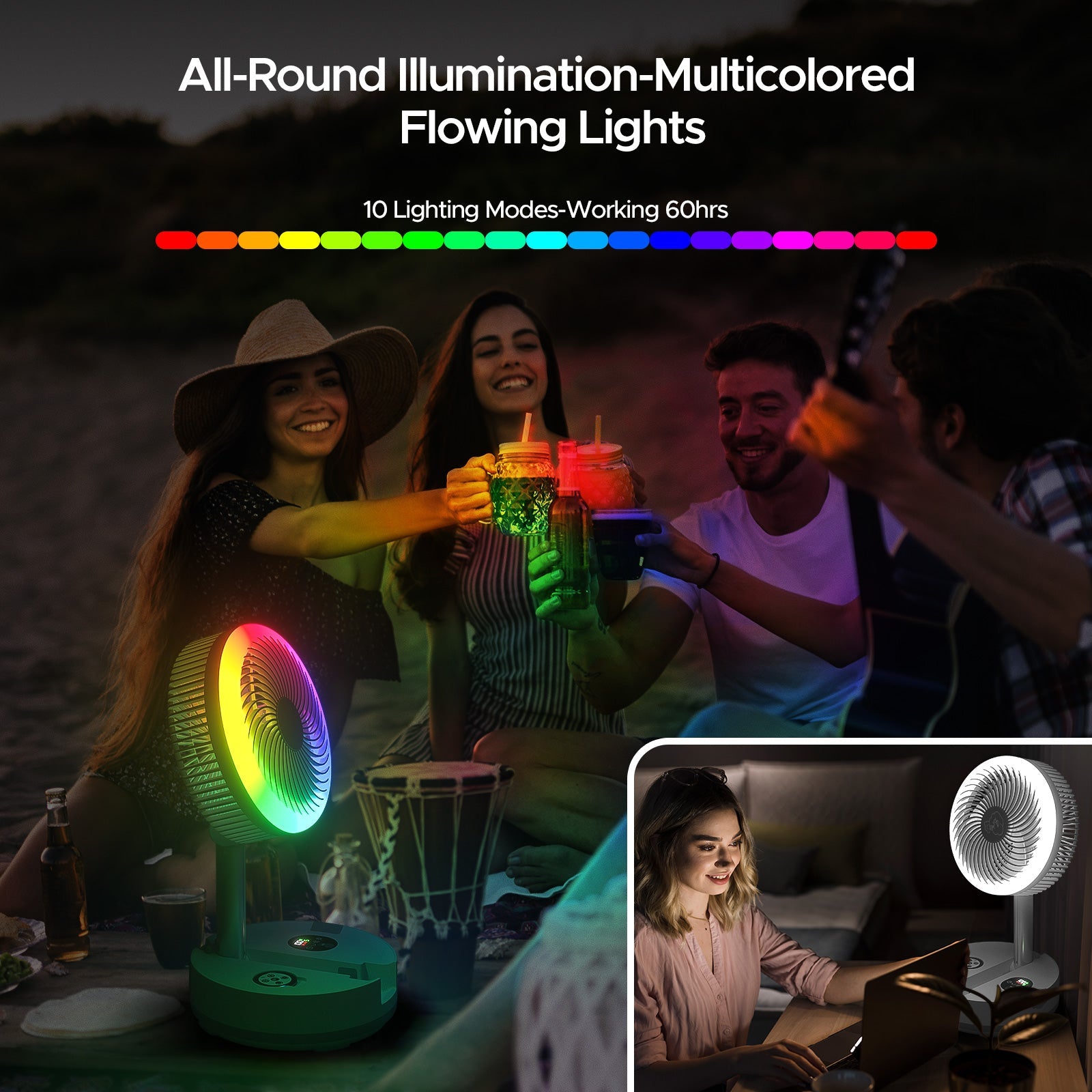 Neofeel Portable Oscillating Standing Fan, 40000mAh Rechargeable Battery Operated Fan with Remote/Timer, RGB Lighting Fan, Pedestal Floor Fan for Bedroom Party Camping (White, 40000mAh)-3