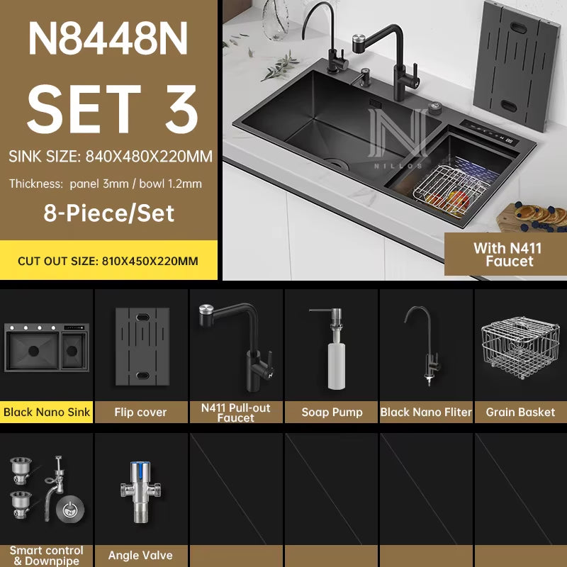 TD8448 Black Nano 304 Stainless Steel Smart Sink - 34.6" 3-In-1 Kitchen Sink with Cover & Dual Catalyst