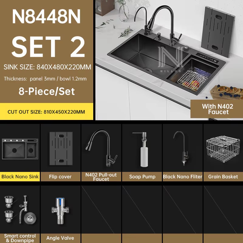 TD8448 Black Nano 304 Stainless Steel Smart Sink - 34.6" 3-In-1 Kitchen Sink with Cover & Dual Catalyst