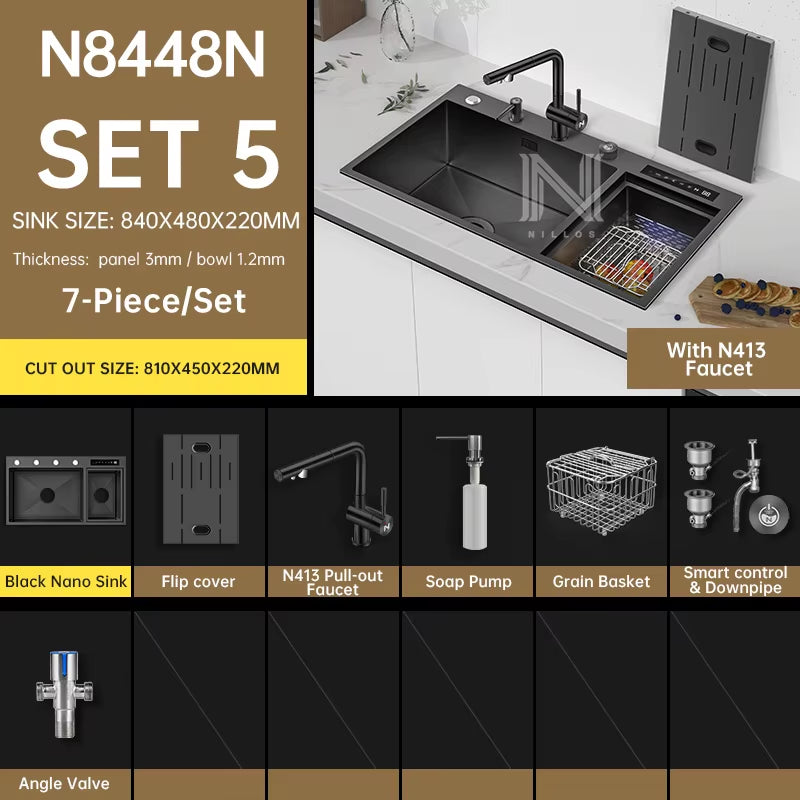 TD8448 Black Nano 304 Stainless Steel Smart Sink - 34.6" 3-In-1 Kitchen Sink with Cover & Dual Catalyst