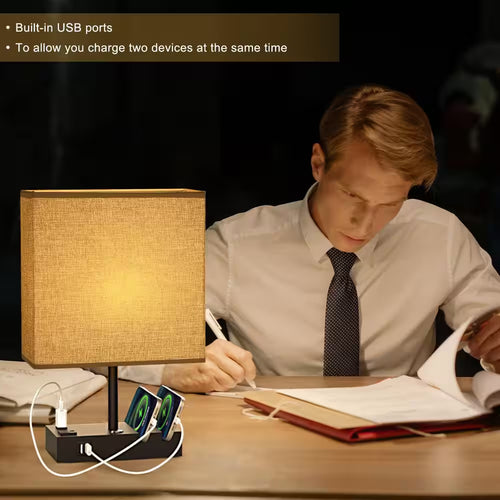 17 In. Grey Table Lamp with USB Port and Charging Dock