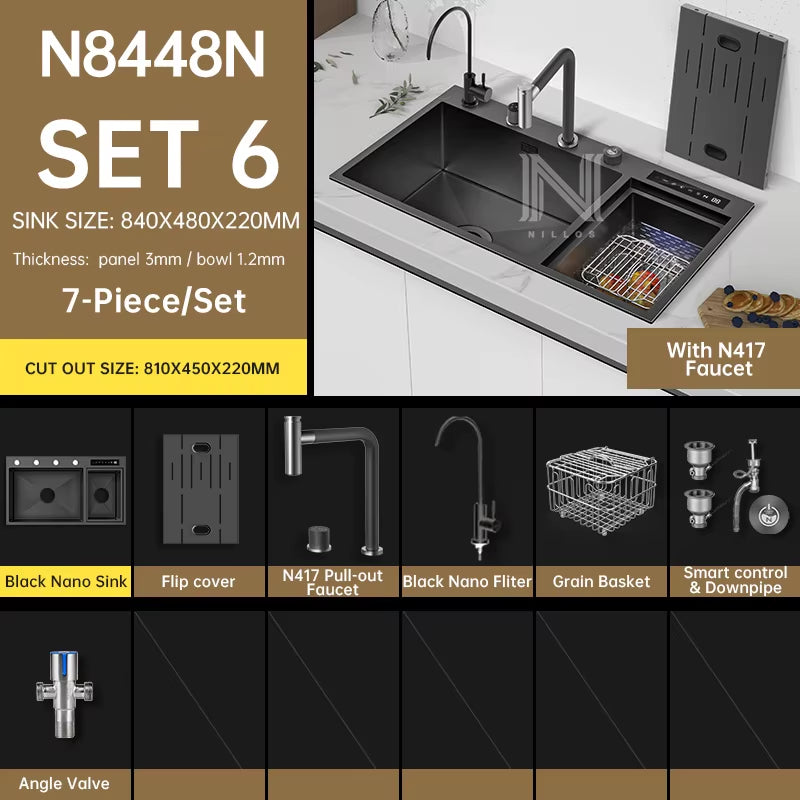 TD8448 Black Nano 304 Stainless Steel Smart Sink - 34.6" 3-In-1 Kitchen Sink with Cover & Dual Catalyst