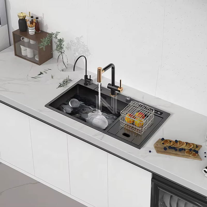 TD8448 Black Nano 304 Stainless Steel Smart Sink - 34.6" 3-In-1 Kitchen Sink with Cover & Dual Catalyst