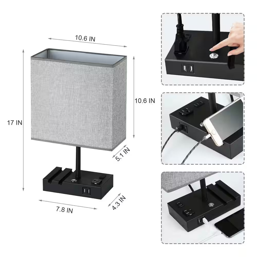 17 In. Grey Table Lamp with USB Port and Charging Dock