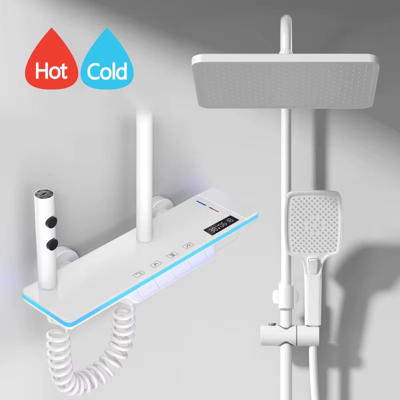 Bathroom Luxury Shower System with Lights Tempered Glass Piano Key Smart Digital Display Thermostat Mixer Shower Faucet Full Set