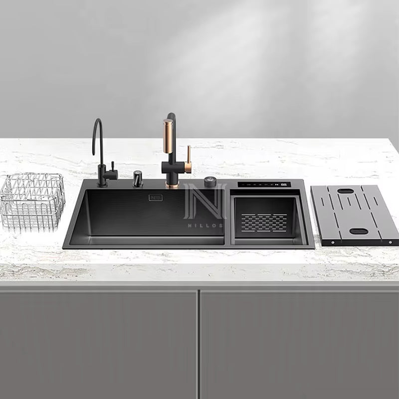 TD8448 Black Nano 304 Stainless Steel Smart Sink - 34.6" 3-In-1 Kitchen Sink with Cover & Dual Catalyst