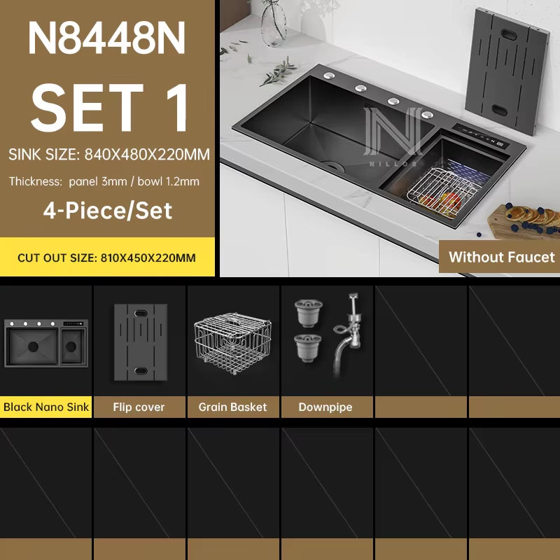 TD8448 Black Nano 304 Stainless Steel Smart Sink - 34.6" 3-In-1 Kitchen Sink with Cover & Dual Catalyst