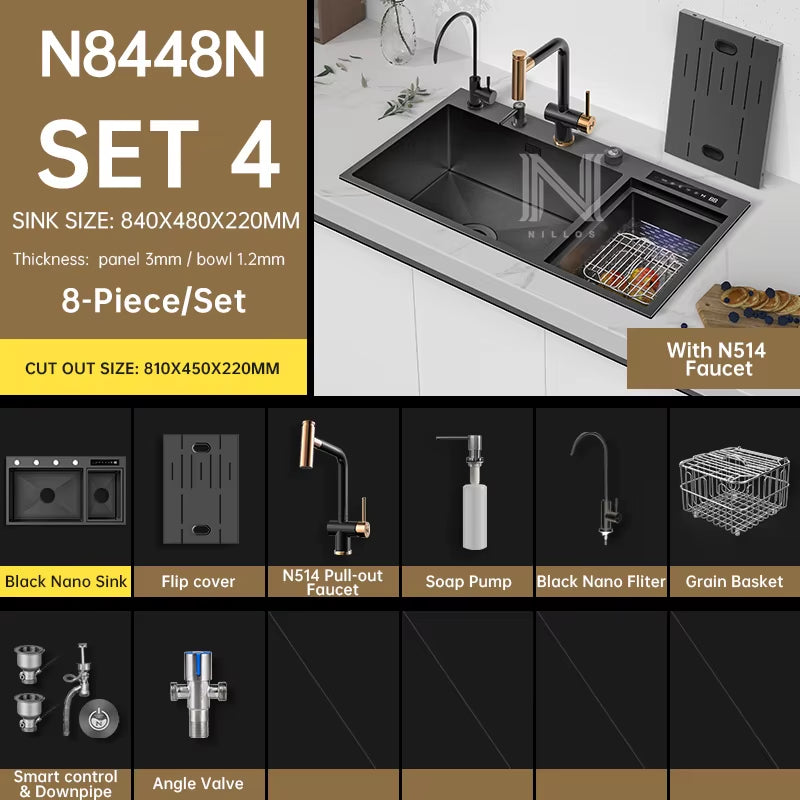 TD8448 Black Nano 304 Stainless Steel Smart Sink - 34.6" 3-In-1 Kitchen Sink with Cover & Dual Catalyst